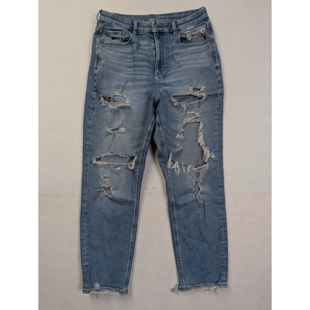 American Eagle Women Curvy Mom Jean Sz 10 Distressed High Rise Blue